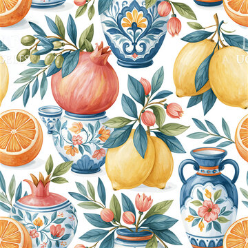 Mediterranean Majolica seamless pattern collection featuring elegant watercolor designs inspired by traditional Italian ceramics, coastal living, and Mediterranean summer charm. These repeating patter