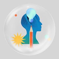 Abstract art with a silhouette, light bulb, pencil, and geometric shapes. © Rawpixel.com