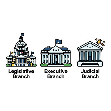 Three branches of government shown as cute building icons