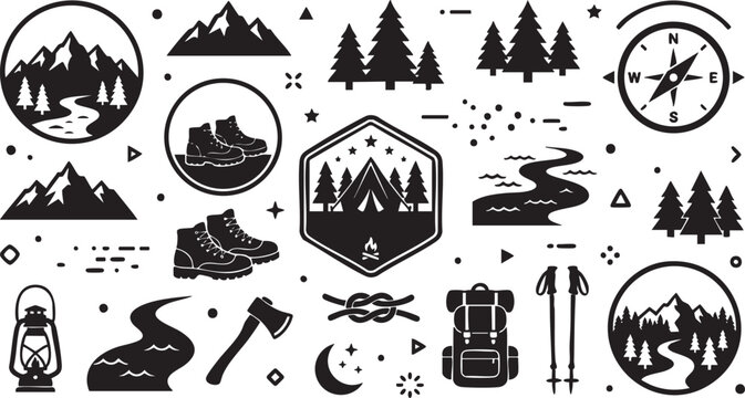 Black and white camping icons on a including mountains, trees, hiking boots, compass, and backpack