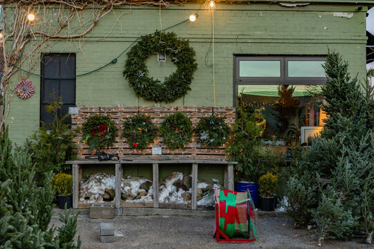 Outdoor Christmas wreath display with pine trees and holiday decorations.