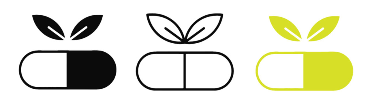   Herbal capsule icon. Herbal capsule icon thin line illustration. Linear icon collection. Capsule pill with leaves, natural herbal medicine and healthcare outline icon isolated on transparent backgro