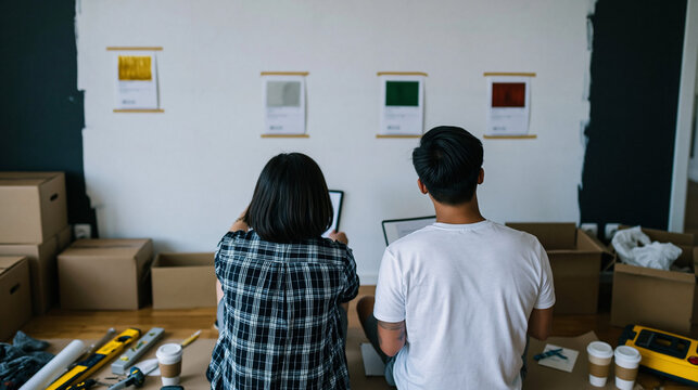 Couple choosing wall colors in a new home paint samples taped unevenly on the wall boxes and tools around them reusable cups on the floor wide shot home renovation moving