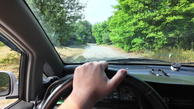 POV of driving a car on a dirt road through green summer fields. Cinematic 4K 24fps footage with realistic motion blur, capturing an adventurous countryside road trip under a blue cloudy sky.