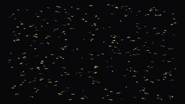 Falling confetti streamers celebration overlay texture on a pure black background, perfect for festive events, party intros, and abstract design elements, creating a dynamic and vibrant atmosphere.