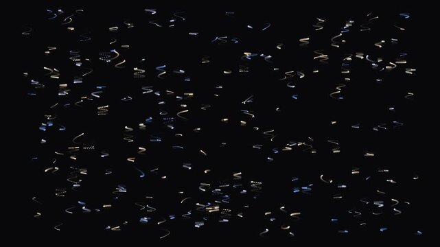 Falling confetti streamers celebration background with metallic blue and gold curly ribbons creating a festive and dynamic particle effect for parties, events, and abstract overlays.