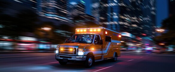 Fototapeta premium An ambulance speeds through a lively urban area at night with flashing lights, EMTs attending to a patient inside.