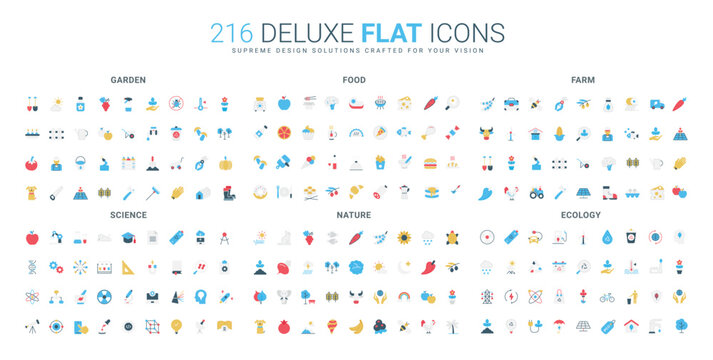 Flat icon collection covering garden, food, farm, science, nature, and ecology themes with simple colorful symbols for diverse environmental and educational concepts isolated vector illustration