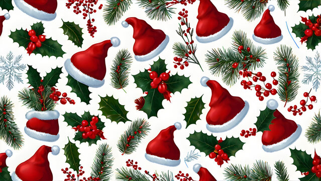 Seamless Christmas pattern with red Santa hats snowflakes and holly leaves on white background festive holiday design