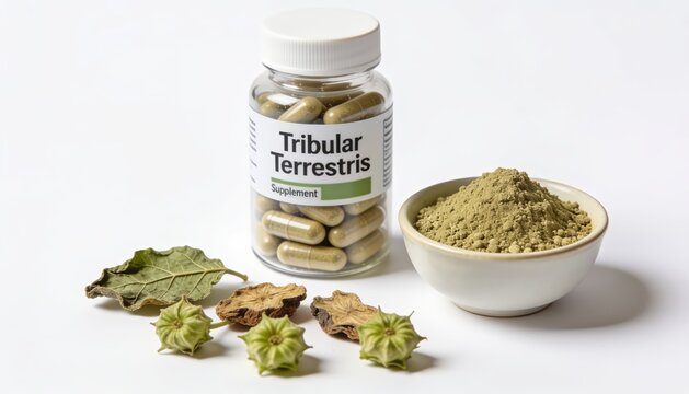 Tribulus Terrestris Capsules with Herbal Powder and Amber Bottle