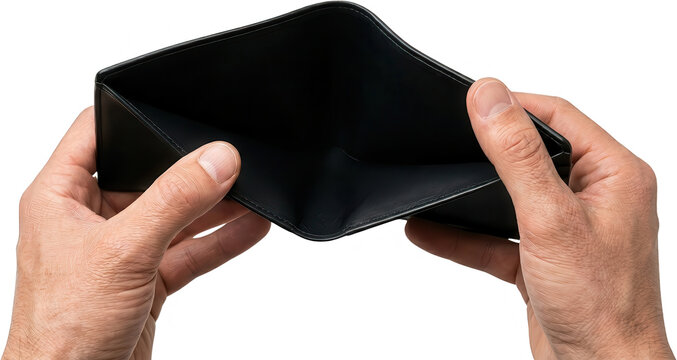 Two hands hold open an empty black leather wallet revealing the interior compartments against a clean white backdrop holding money finance financial concept poverty economy