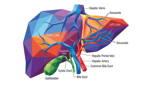 Low Poly Human Liver Anatomy Diagram with Medical Labels