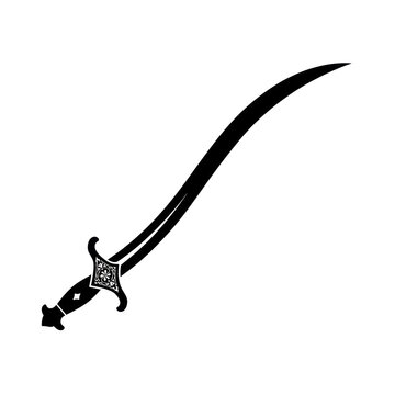 Iconic black silhouette of the bifurcated islamic zulfiqar sword with a geometric hilt, isolated on a white background. Concept of historical and cultural heritage