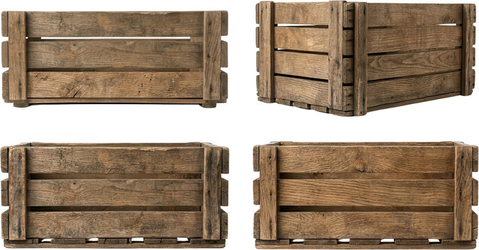Four rustic wooden crates are presented from different angles showcasing their weathered textures and sturdy construction with visible nail details wood box vintage aged textured