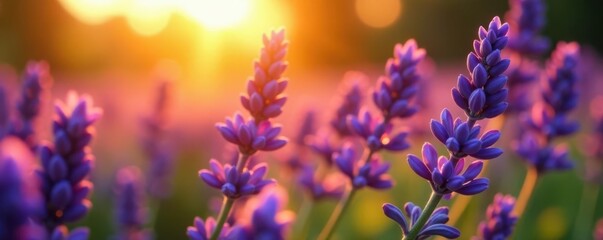 Lavender blooms bathed in golden sunset light, evening, panoramic