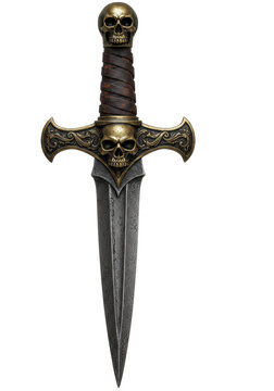 Vintage fantasy dagger with a bronze skull hilt and damascus blade, isolated on a white background with copy space. Concept of gothic elegance and dark fantasy