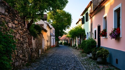 Naklejka premium An idyllic view of a colorful European village street featuring charming historic houses under a serene atmosphere