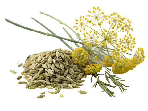 Aromatic Fennel Seeds Heap with Yellow Fennel Flower Blossom - Culinary Spice Ingredient Clip Art