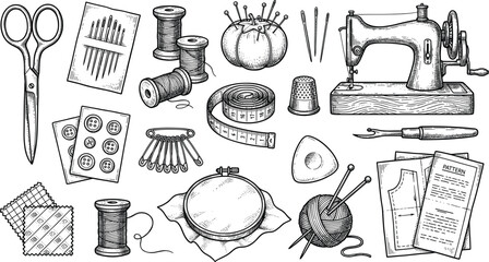 Vintage Sewing Machine Tailor Tools and Needlework Craft Accessories Hand Drawn Vector Set © MDBABULU