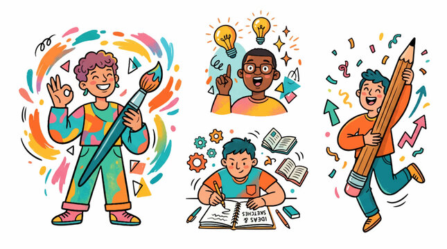 Set of creative education and art concept illustrations featuring students with a paintbrush, large pencil, lightbulb idea and studying books in a colorful hand-drawn doodle style,