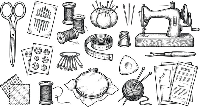 Vintage Sewing Machine Tailor Tools and Needlework Craft Accessories Hand Drawn Vector Set