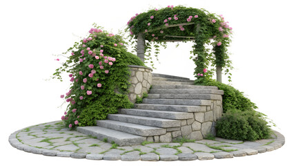 Naklejka premium Ancient Stone Garden Staircase with Pink Flowers Isolated on White Background