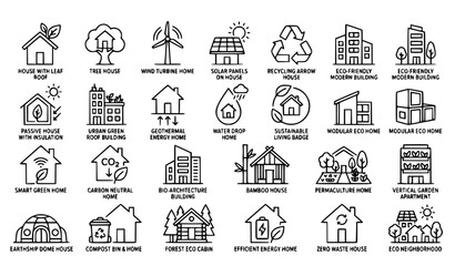 Fototapeta premium Eco House Line Icons Set with Green Home and Leaf Outline Logo Symbols