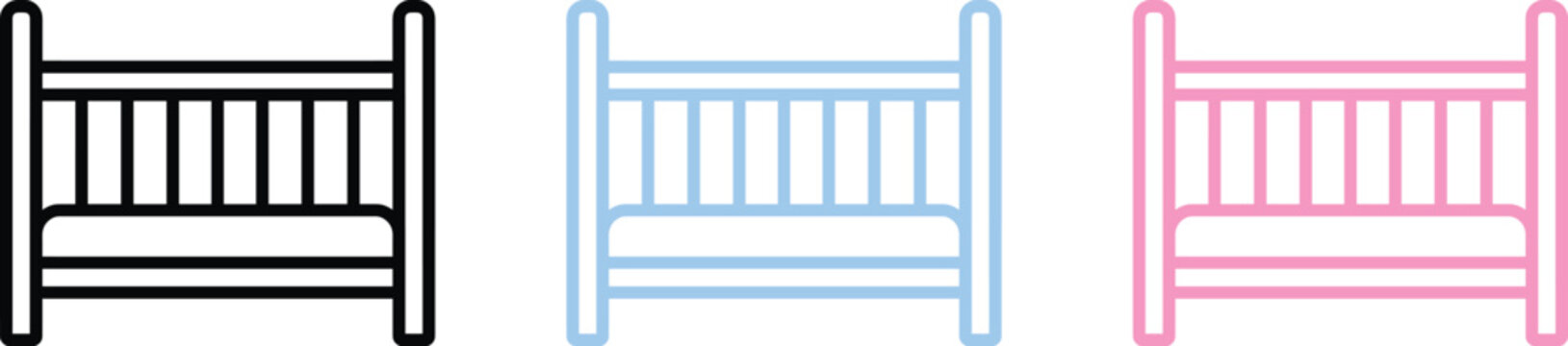 Baby Crib Wooden Cot Nursery Furniture Outline Icon Set for Newborn Care Designs
