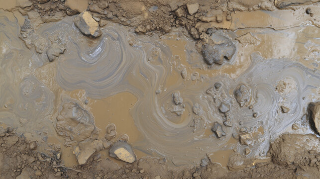 tonalite. Muddy slurry flowing down a hillside, creating viscous patterns in natural daylight. ESG reports, sustainability campaigns, designed for environmental awareness campaigns.