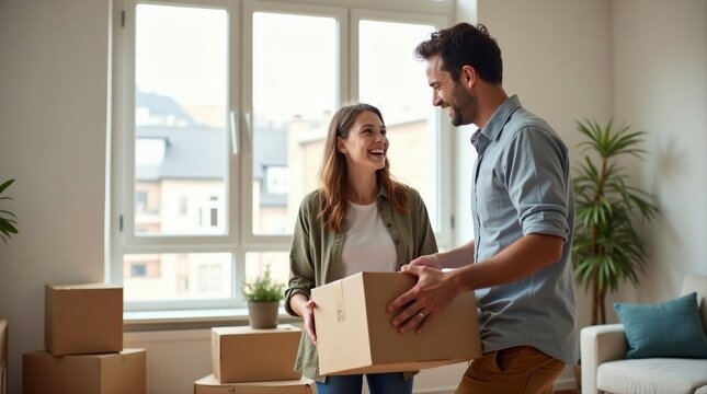 A happy couple carries cardboard boxes into their new home, celebrating relocation, unpacking belongings, and starting a new chapter in a bright living space.