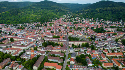 Obraz premium Aerial view of the old town city Handschuhsheim in south Germany, Baden-Württemberg . On a sunny day in spring. 
