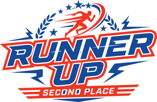 Runner up logo design with running silhouette stars and laurel wreath elements