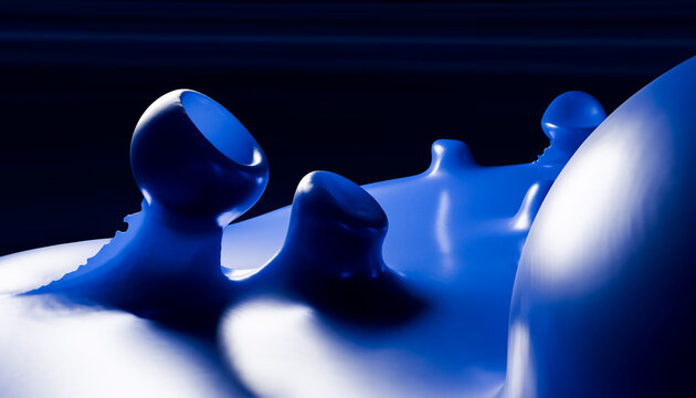 Glossy blue abstract shapes resembling a futuristic landscape against a dark background. Illustration, rendering