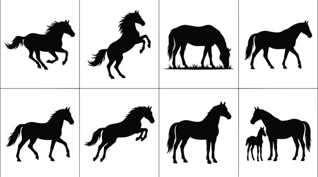 Horse silhouette bundle with running, rearing, grazing, walking, jumping, standing, and mare with foal
