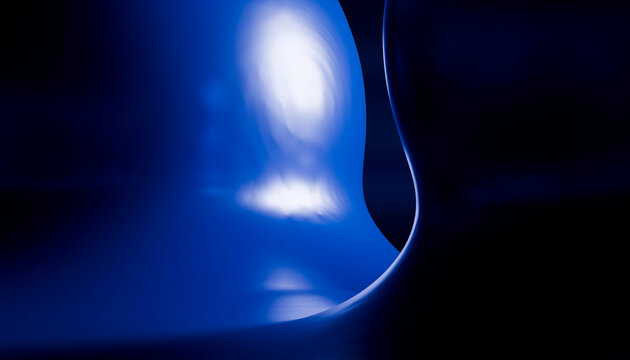 Abstract blue shapes and reflections creating a smooth, modern design with a dark background. Illustration, rendering