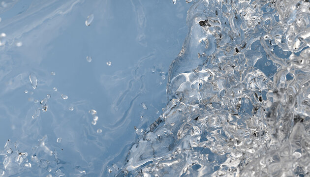 Close-up of clear, splashing water against a light blue background. Illustration, rendering
