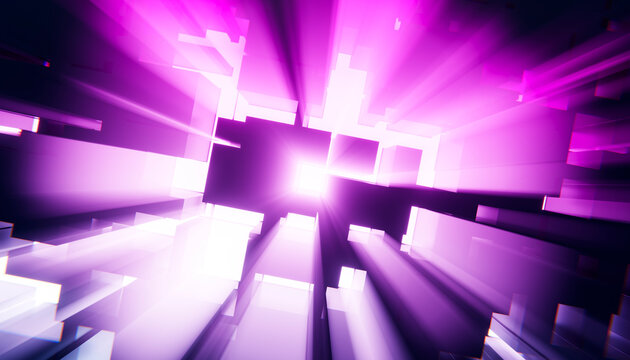 Abstract purple geometric structures with light rays creating a futuristic atmosphere. Illustration, rendering