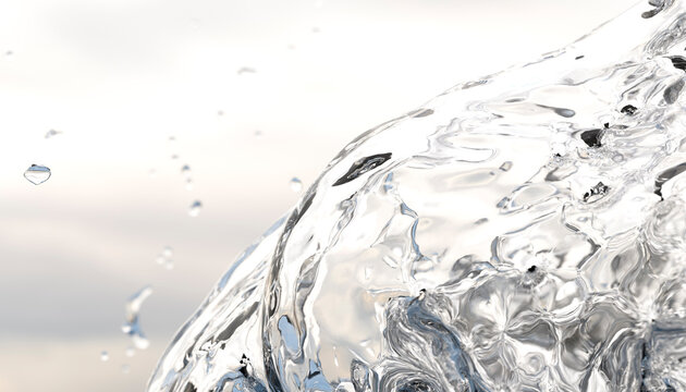 Close-up of flowing clear water with droplets against a light sky background. Illustration, rendering