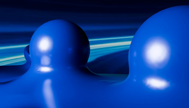 Smooth and shiny blue abstract shapes with a glowing light against a dark backdrop. Illustration, rendering