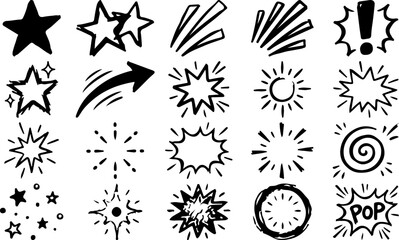 Fototapeta premium Comic book explosion burst and hand drawn star doodle accent elements set vector background