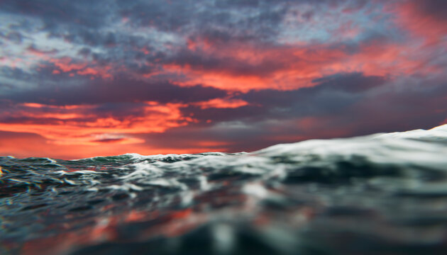 Waves in the ocean under a dramatic red and purple sunset sky. Illustration, rendering