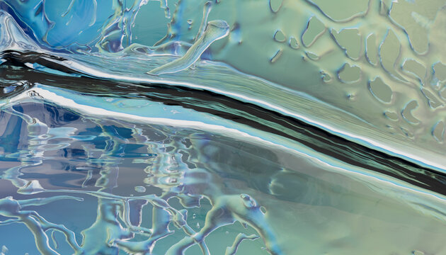 Abstract liquid art with swirling blue, green, and white patterns in fluid motion. Illustration, rendering