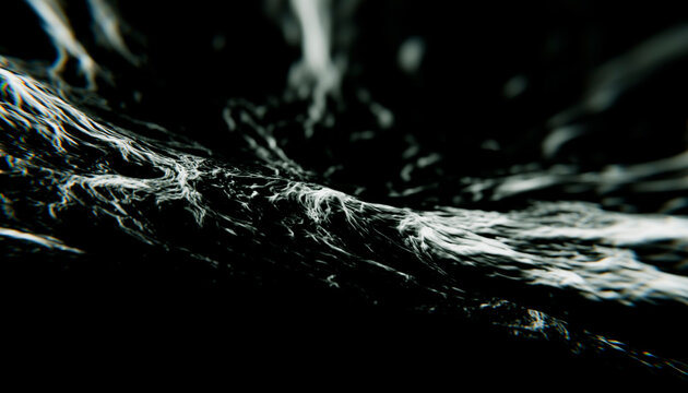 Abstract black and white depiction of fluid, wave-like motion, resembling flowing water. Illustration, rendering