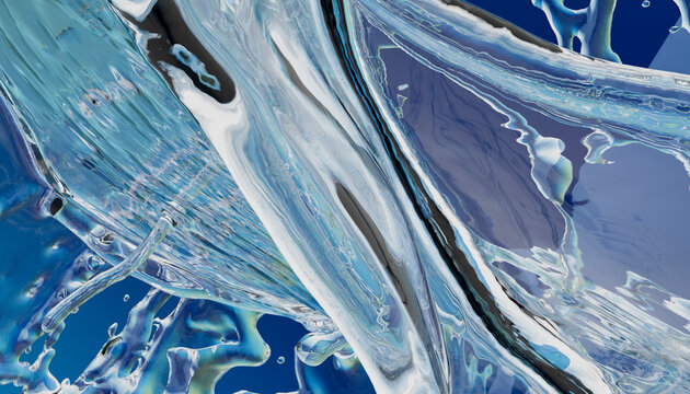 Abstract swirling liquid patterns in blue and white with dynamic movement and depth. Illustration, rendering