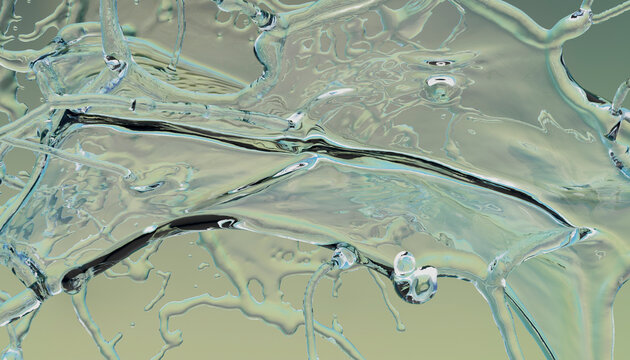 Abstract close-up of liquid droplets and flowing waves on a green background. Illustration, rendering