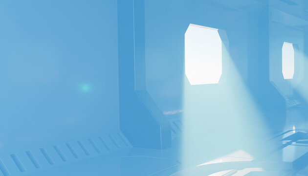 Blue futuristic interior with bright light beams from geometric windows Illustration, rendering