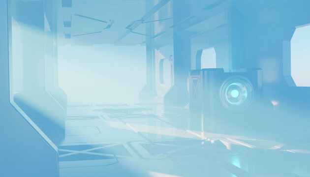 Futuristic corridor with blue lighting and geometric patterns in a misty atmosphere. Illustration, rendering
