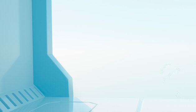 Minimalist blue and white futuristic interior with angled lines and soft lighting. Illustration, rendering