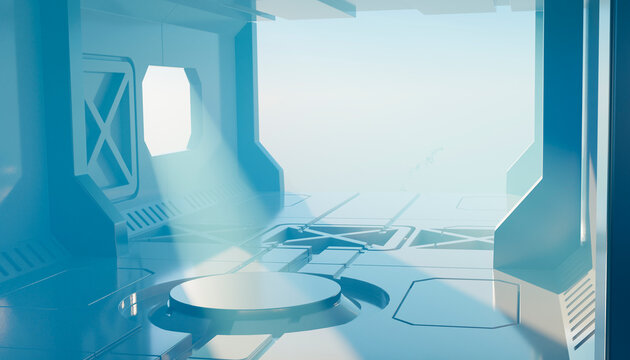 Futuristic blue room with geometric patterns and soft sunlight streaming through a window. Illustration, rendering
