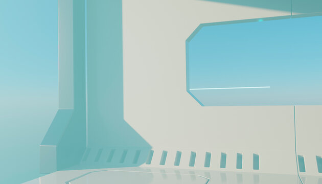 Futuristic interior with geometric designs and a large window displaying a clear blue sky. Illustration, rendering